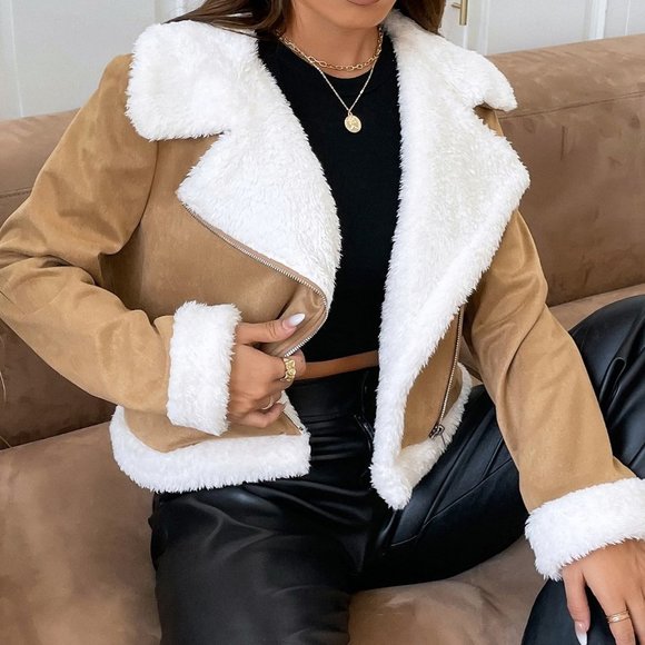 . Jackets & Blazers - Khaki Casual Womens Teddy Lined Open Front Suedette Moto Jacket